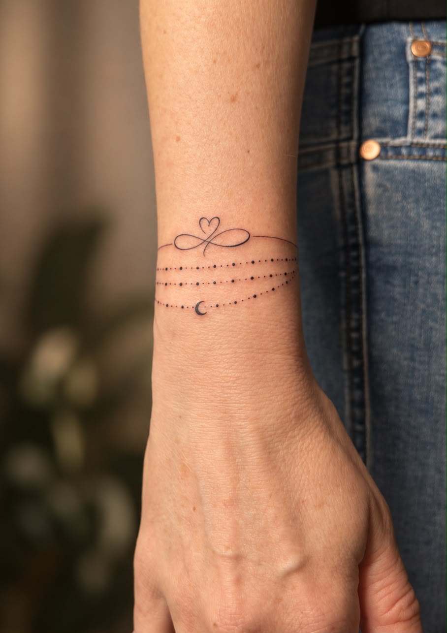 Filigranes Armband-Tattoo mit Herz, Mond und Punkten am Handgelenk