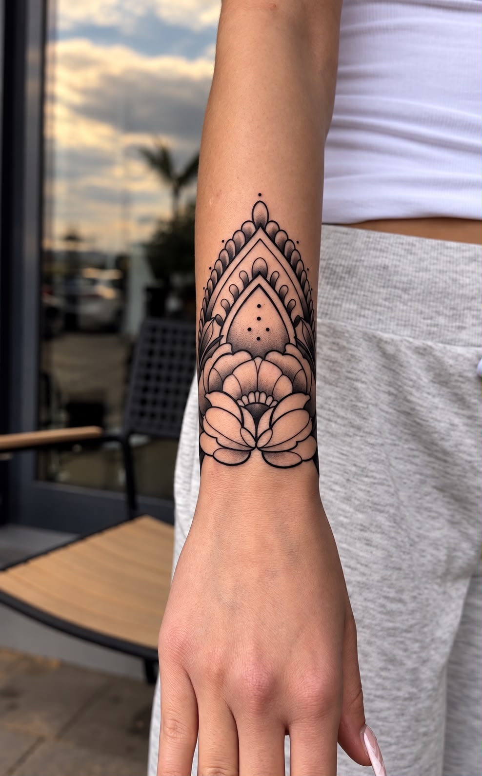 Ornament mit Pfingstrose als Cover-up am Unterarm/Handgelenk
